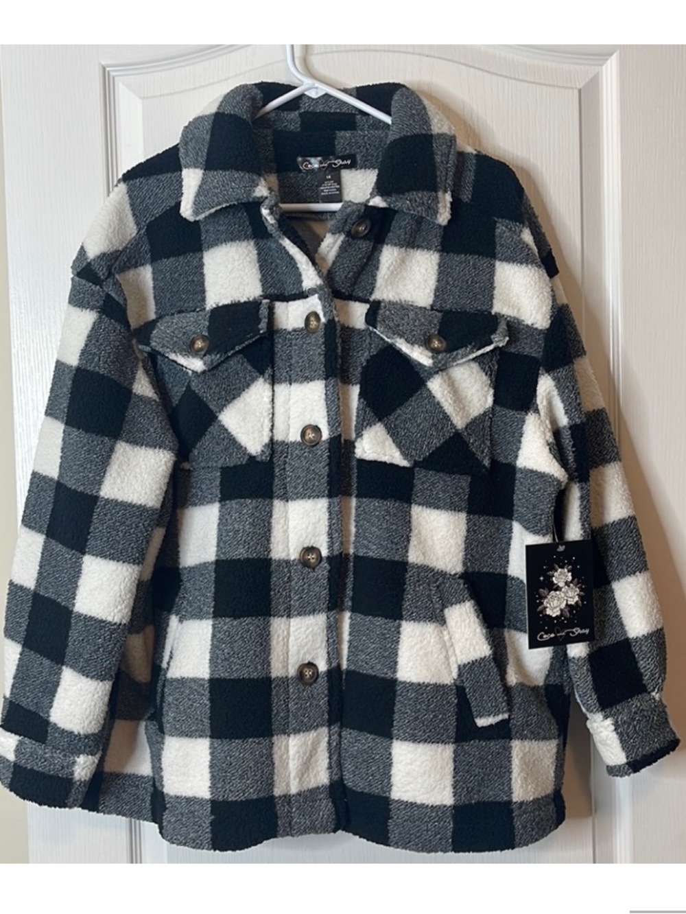 Coco and Shay Oversized Shirt Jacket Shacket Black and White Buffalo Plaid 1X